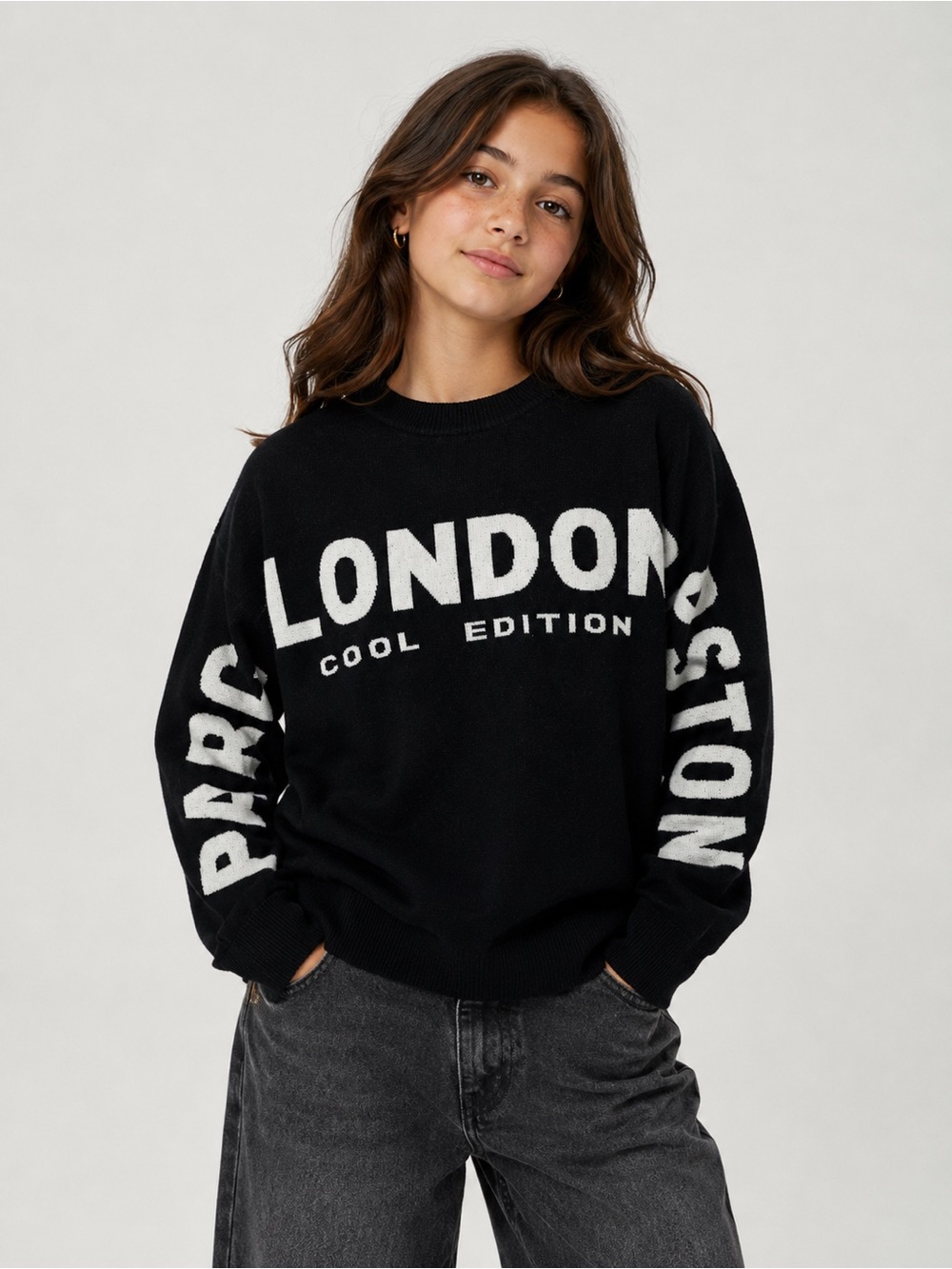 Zara girls 13-14 years Black Knit Crewneck Sweater with‎ Silver Detail